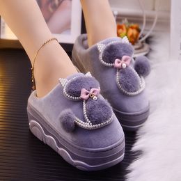 Cut Cat Slippers Winter Women Home Shoes With Pearl Cotton Fashion Plash Think Sole Flat Slippers Lady Shoes Platform X1020