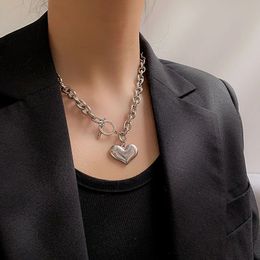 Punk Hip Hop Stainless Steel Heart Pendant Necklace for Men Women Minimalist Casual Cuban Chain Toggle Clasp Chokers LOVE