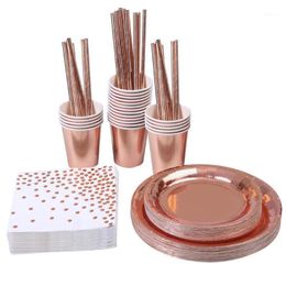 rose gold wedding table decorations Canada - Disposable Dinnerware Rose Gold Team Bride Paper Straws Plates Bachelorette Party Tableware Bridal Shower Supplies Wedding Table Decorations