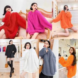New women's thickening warm o-neck solid color faux lamb fur loose meidum long sweatshirt hoodies pullover jumpers top