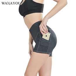 WANAYOU M-3XL Plus Size Women Yoga Shorts,High Waist Elastic Compression Gym Fitness Shorts,Phone Pocket Tight Workout Shorts T200412