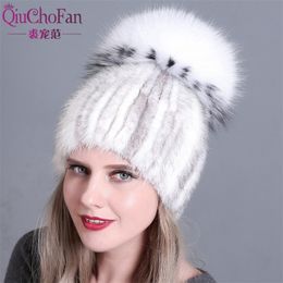 women knitted Mink Fur Hat styles female fur Cap with fox fur pompom lining Women Winter Headwear girls hats for beanies Y200102