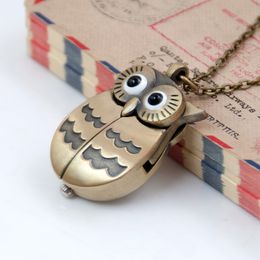 Students lovely quartz new style open owl pocket watch necklace vintage jewelry wholesale Korean sweater chain fashion watch hanging watch