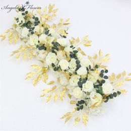 Homemade Artificial Flower Arrangement With Gold Leaves Wedding Arch Decor Backdrop Rose Flower Row Party Event Ornaments Wall 100 cm