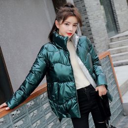 New Winter Jacket Women Fashion Warm Short Stand Collar Hooded Glossy Parka Coat Female Office Lady 201029