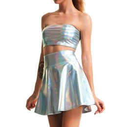 Bling Silver Holographic Women Strapless Tops Mini Skirts Two Piece Set Turtleneck Top Sexy Skirt 2 Pcs Summer Streetwear 220221