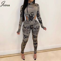 Joskaa Letter Print Tracksuit Bodysuits Pants Suit Two Piece Set Night Club Party Bandage Outfits Women Set Full Sleeve LJ201125