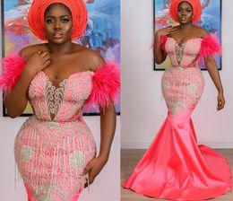 2022 Plus Size Arabic Aso Ebi Water Melon Mermaid Prom Dresses Lace Beaded Sexy Evening Formal Party Second Reception Birthday Engagement Gowns Dress ZJ655