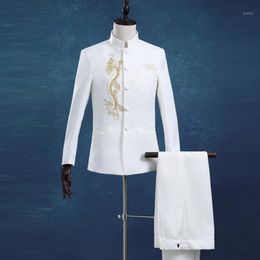 Men's Suits & Blazers Wholesale- 2021 Male Fashion Stand Collar Business Casual Tuxedos Chinese Dragon White Slim Tunic Blazer(Jacket+Pants)