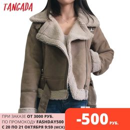 Tangada 2020 New Winter Women brown fur faux leather jacket coat with belt Ladies Thick Warm Oversized Coat LJ201021