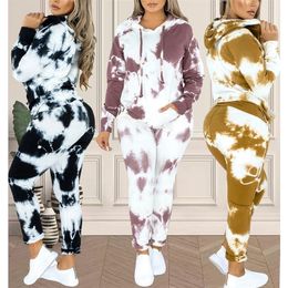 Women's 3 Piece Marble Tie Dye Sweatsuit and Hoodies Tracksuit Sweatpants Pullover Joggers Casual Set 220315