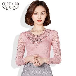 Elegant Women Hollow out Crochet Diamond Lace Shirt Sexy Chiffon Blouse Plus Size Long sleeve Shirt Woman Blusas 918B 25 201201