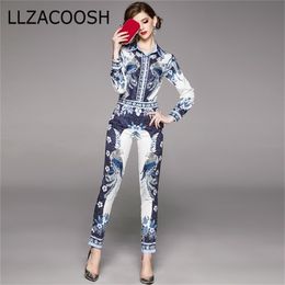 High Quality Spring Fashion Designer Runway Suit Set Women's Long Sleeve Vintage Print Tops + Pants Two Piece Set 201120