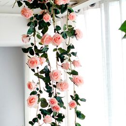 180cm Artificial Rose Flower Vine Wedding Decorative Real Touch Silk Flowers With Green Leaves for Home Hanging Garland Decor Y200104