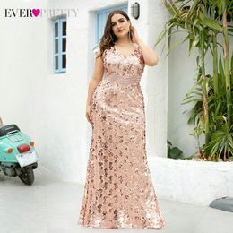 Plus Size Mermaid Evening Dresses Ever Pretty Sleeveless Double V-Neck Draped Sparkle Sexy Formal Party Gowns Robe Soiree Rouge LJ201123