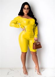 New Fall winter Women sexy night club wear plus size 2X PU shorts Jumpsuits casual long sleeve off shoulder Rompers skinny black bodysuits 4167