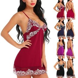 Women Pajamas Plus Size Sleeveless Mini Lingerie Dress Backless Cross Nightgown Floral Lace Patchwork Solid Color V-Neck Sleepwear