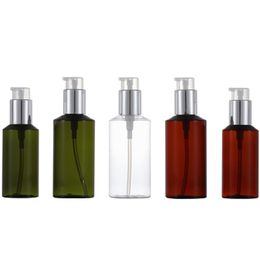 Packaging Plastic Bottle Green Clear Brown Round Shoulder PET Shiny Silver Collar Clear Lotion Press Pump Refillable Portable Cosmetic Container 100ml 150ml
