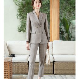 Winter new business professional women's suit Temperament double-breasted plaid suit jacket female Slim pants suit Two-piece set 201030