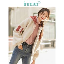 INMAN Winter Split Colour Hooded Drop-shoulder Sleeve Woollen Warm Women Short Jacket 201030