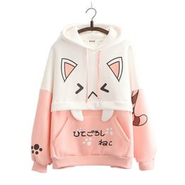 Harajuku Pink Hoodies Cartoon Cat Printed Hooded Sweet Sweatshirt Women Winter Thick Warm Female Cute Kawaii Tops Tracksuit 220314