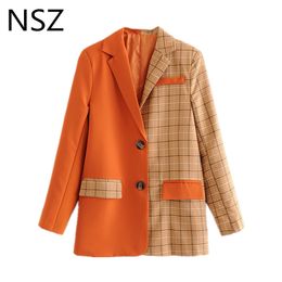 NSZ Women Checked Blazer Plaid Jacket Female Patchwork Long Sleeve Office Work Elegant Outerwear Business Suit Coat Blaser Mujer T200319