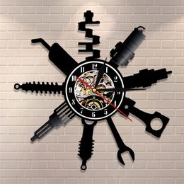 Auto Repair Shop Wall Sign Decorative Modern Wall Clock Car Mechanic Service Workshop Vinyl Record Clock Garage Repairman Gift LJ201204