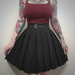 InstaHot Gothic High Waist Pleated Skirts Women Punk School Style Ruched Black Pleated Mini Skirts Buckle Streetwear Spring T200324