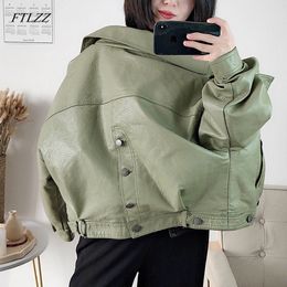 FTLZZ New Autumn Women Faux Leather Jacket Vintage Boyfriend Style Coat Batwing Sleeve Short Motor PU Jackets Biker Outwear 201029