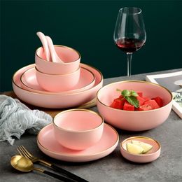 China Plate Pink Phnom Penh Ceramic Tableware Set Kitchen Restaurant Home Flat Nordic Solid Color Party Supplies Salad Bowl 201217