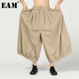 [EAM] New Spring Summer High Elastic Waist Loose Black Brief Linen Wide Leg Pants Women Trousers Fashion Tide JR012 201109