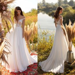 2021 Bohemia Wedding Dresses Capped Sleeves Lace Appliques Chiffon Bridal Gowns Custom Made Backless Sweep Train A Line Wedding Dress