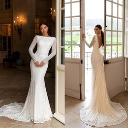 Elegante Spitze Meerjungfrau Brautkleider Langarm rückenfrei Applikationen arabische Land Brautkleider Sweep Zug Hochzeit Robe