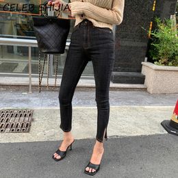 SHIJIA High Waist Skinny Jeans For Woman Elastic Casual Ankle-length Split Denim Pencil Jean Black Trousers Autumn Bottoms 201030