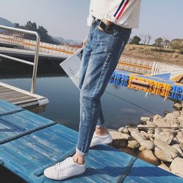 Top quality Spring Ripped hole jeans male slim fit pancil pants joker teenagers Moustache Effect Ankle length trousers 201120