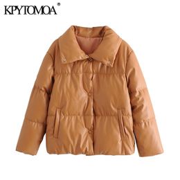 KPYTOMOA Women Fashion Faux Leather Thick Warm Padded Jacket Coat Vintage Long Sleeve Pockets Female Outerwear Chic Tops 210201