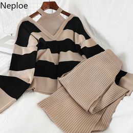 Neploe 2PCS Set Women Knitted Pullovers Sweater Halter Stripe Knit Jumper Tops + Wide Leg Long Pants Suits Tracksuits 56431 201110