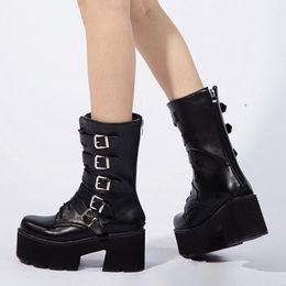 Brand New Plus Size 44 Platform Square High Heels Cool Design Buckles Motorcycles Boot Fashion Winter Boots Shoes Women1