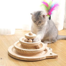 Pet Interactive Toy Cat Toys Three Layer Wooden Turntable Pet Smart Track Matching Color Ball Bell Rocking Cat Interactive Toy LJ201125