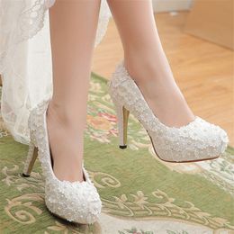 Hot Sale- Lace Womens Shoes Heels Pumps For Women White Platform Thin Heels Wedding Shoes Party Heels Round Toe Flower Pearls Women Pumps
