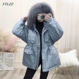 FTLZZ White Duck Down Coat Women Winter Jackets Large Natural Raccoon Fur Hooded Parkas Female Sash Tie Up Warm Snow Outwear 201210