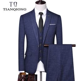 TIAN QIONG Brand Three Piece Suits Men Latest Fashion Suits for Men Slim Fit Man Wedding Suit Blue Black Jacket Pants Vest 201106