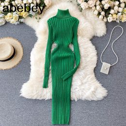 Women Turtlneck Knitting Dress Autumn Winter Korean Warm Long Sleeve Tricot Bodycon Dress Elastic Slim Sweater Dress Y0118