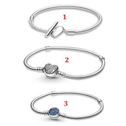 Genuine S925 Sterling Silver Fit Pandora Bracelet New Button T-shaped Snake Bracelet Temperament DIY Bead Love Heart Blue Crysta Charm For DIY Beads Charms