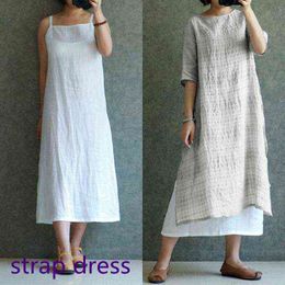 Womens Summer Sundress White Dress Sexy Spaghetti Strap Sleveless Long Thin Dress Celmia 2021 Casual Loose Cotton Midi Vestido Y220214