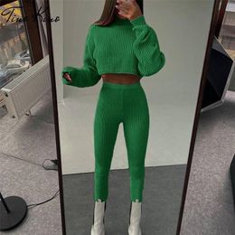 Turtleneck Cropped Knitted Two Piece Set Women Sexy Long Sleeve High Waist Suit Female Winter Lady Knit Streetwear Sets 220315