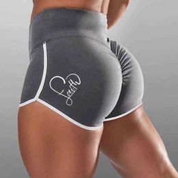 Women Plus Size Workout Sport Shorts High Waist Ruched Scrunch Booty Skinny shorts Letters Heart Print Butt Push Up Leggings Y220311