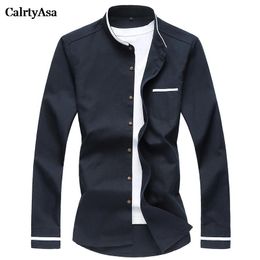 CalrtyAsa Chinese Style Pure Colour Oxford Shirt Men Fashion Casual Mandarin Collar Long Sleeve Shirt Social Man Denim Blue