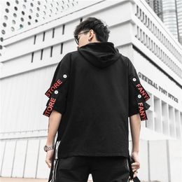 Summer Short Sleeves Harajuku Korea Fashion Streetwear One Piece Hip Hop Rock Punk Men Black Red Hoodies Sweatshirt Clothes 201020