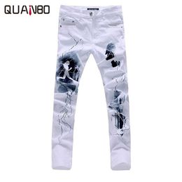 QUANBO Big size White Printed Men Jeans Fashion Male Unique Cotton stretch jeans Man's Casual Character Pattern biker jeans 201116